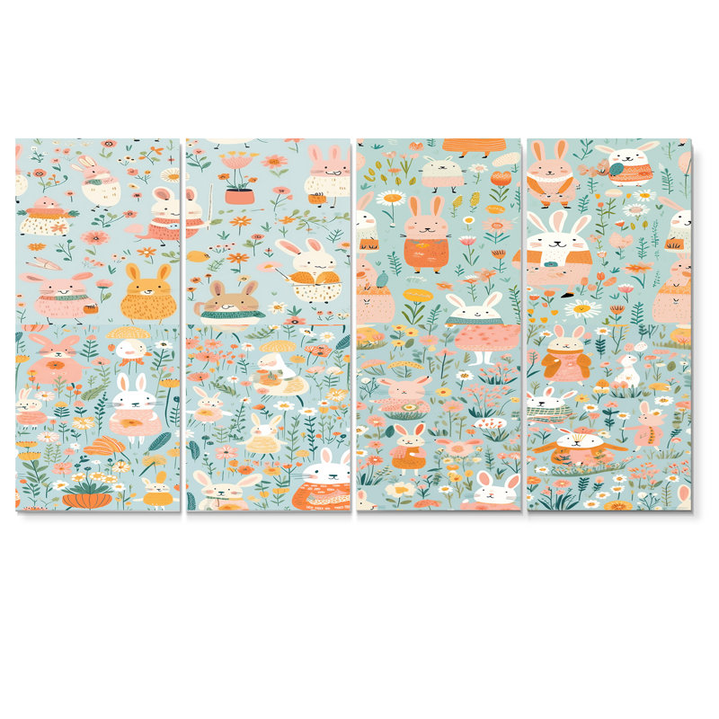 Rose et blanc lapins dans le champ - ensemble de 4 décorations murales pour enfants, H 32 po x l 64 po