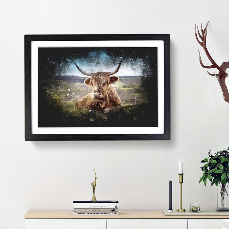 A Resting Highland Cow - Picture Frame Graphic Art Print, 24cm H x 33cm W x 2cm D, Black Framed