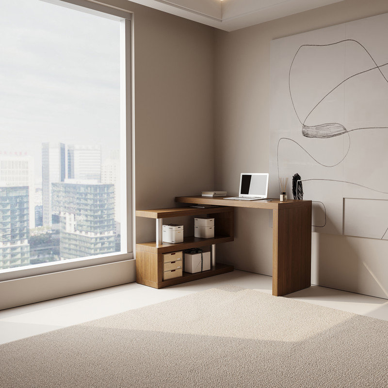 Modern 47"L Swivel Top Desk, 360 Degree Swivel Desk & Corner Desk, Storage Shelves, High Gloss Finish, Mirror Paint Finish, Home Office, Writing Desk, Computer Desk