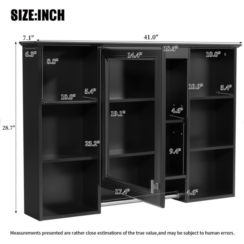 Armoire à pharmacie murale l 41 po x P 7,1 po avec charnières à fermeture douce, tablette réglable et support, Noir