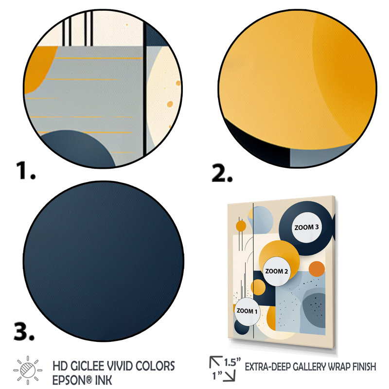 Graphique circulaire géométrique en jaune et bleu I - impressions modernes de style Mid-Century, H 32 po x l 24 po x P 1 po