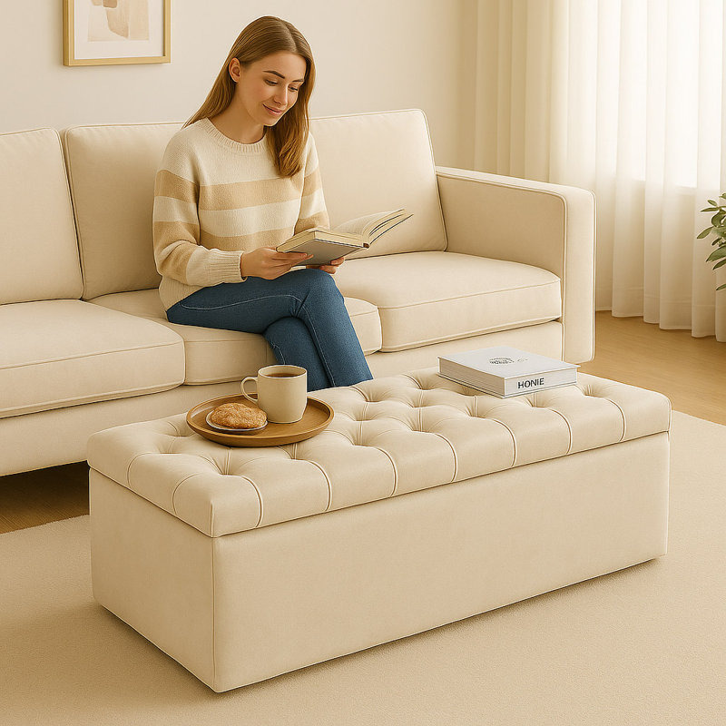 Chesterfield Ottoman Storage Box - Plush Velvet Blanket box - Shoe Bench - End of Bed Bench, Cream, 40cm H x 180cm W x 40cm D