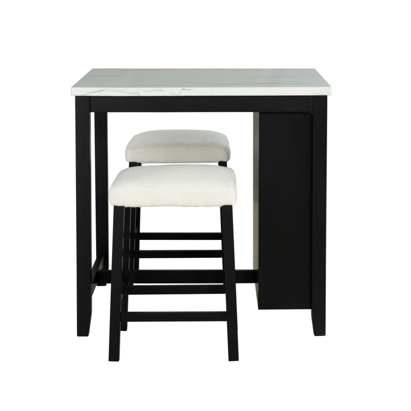 Transitional Bar Table Set With Upholstered Tufted Stools And USB Ports,Set Of 3