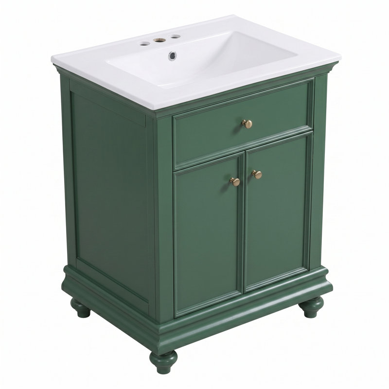 Meuble-lavabo moderne de 24 po de couleur verte avec un tiroir basculant, des charnières à fermeture douce et silencieuse, une structure à dossier ouvert et des pieds tournés en boule, une structure de qualité supérieure résistante à l'humidité et à l'humidité