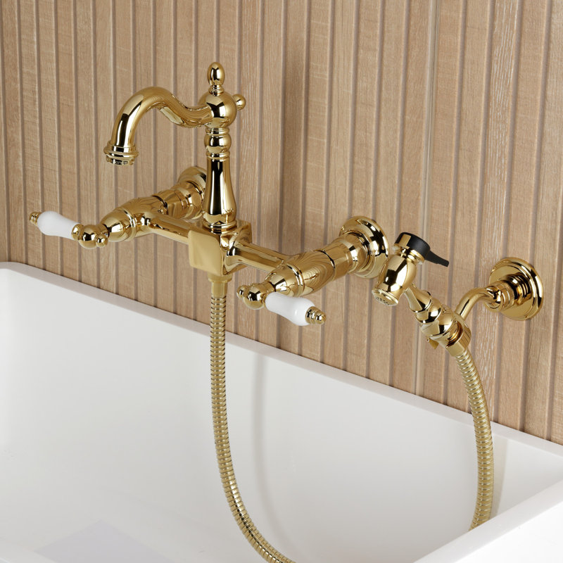 Kingston Brass Heritage Double-Handle 3-Hole Wall-Mount Bridge Kitchen Faucet With Brass Sprayer, Polished Brass