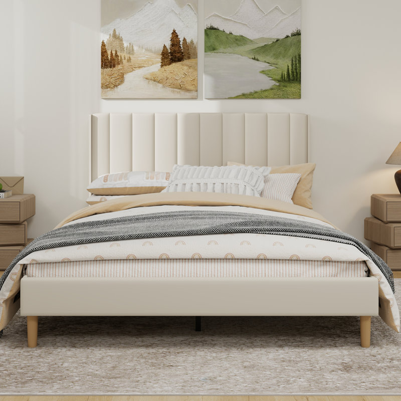 Lit plateforme tapissier moderne avec tête de lit verticale, Beige, Queen