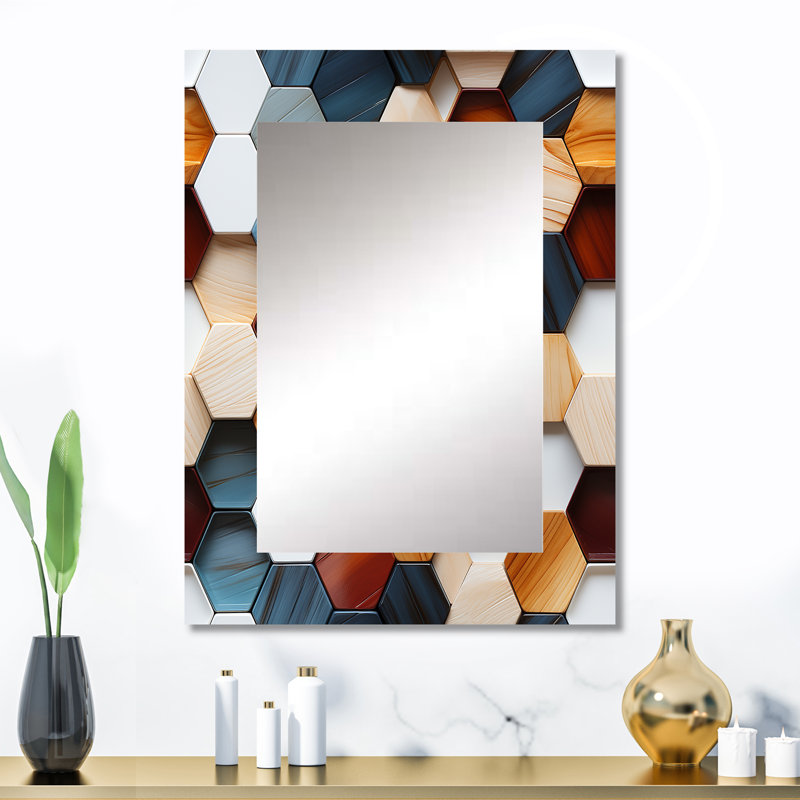 Orange et hexagones gris angulaires - miroir décoratif géométrique, grand miroir mural moderne, impression d'art en métal
