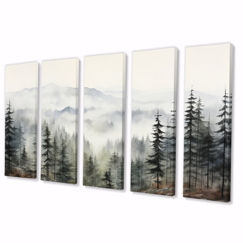 Pin arbre Misty Mountain II - art mural floral salon - 5 panneaux égaux