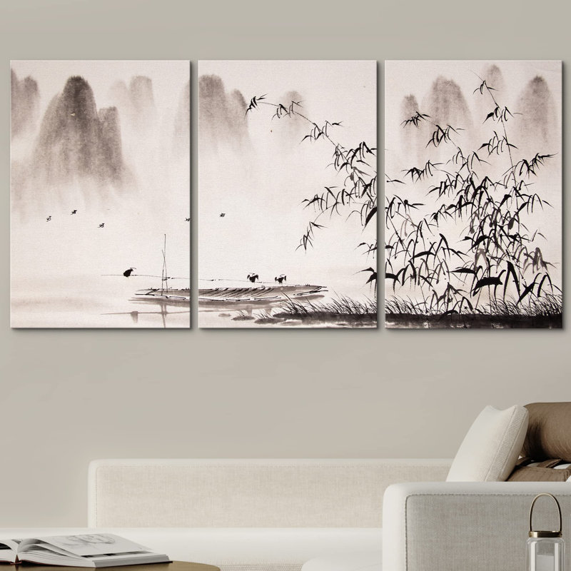 Abstrait, paysage chinois, peinture à l'encre, décoration murale moderne, Toile tendue, H 24 po x l 48 po