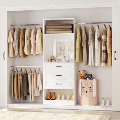 25" - 96” W Closet System with Wooden Drawers and Hanging Rods(Cut to Fit)