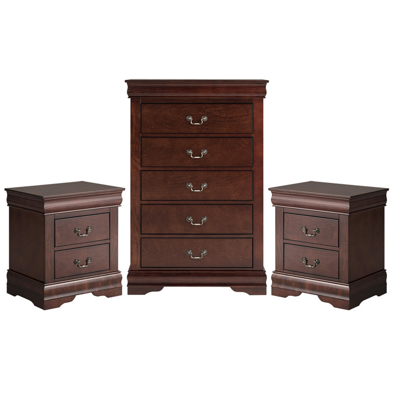 3 pièces Geller (2 tables de chevet et commode) Assembly Aucun assemblage requis, Cerise foncée