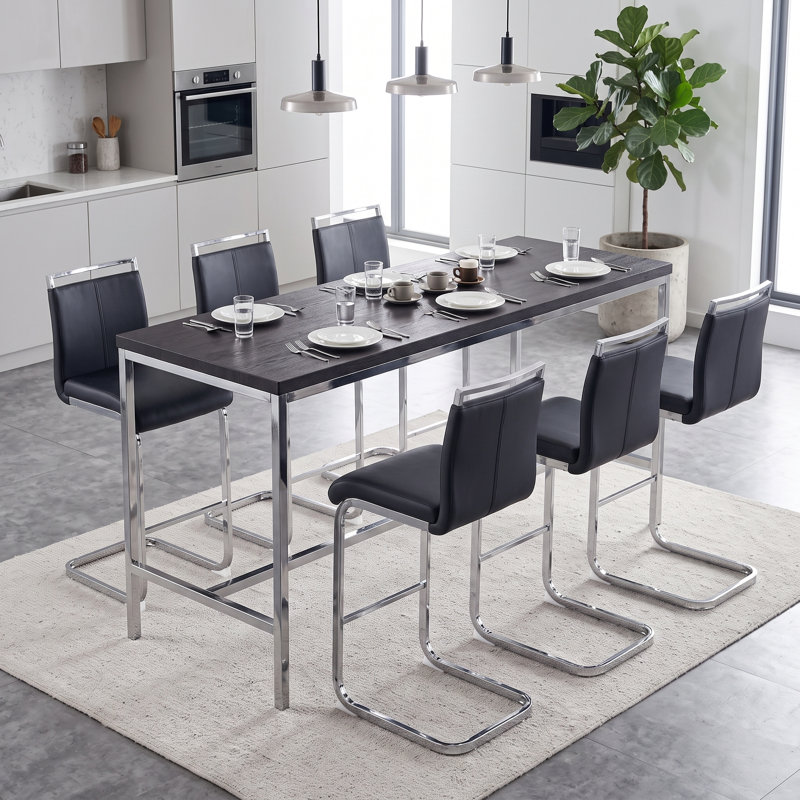 Tabourets de bar 30,5 po en similicuir moderne avec repose-pieds et structure en métal (ensemble de 6), Noir, 6, Argent