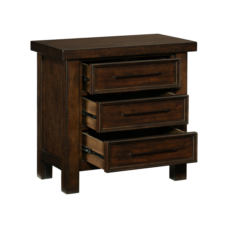 Table de chevet Classic, brun, 3 tiroirs, placage de bois de manguier