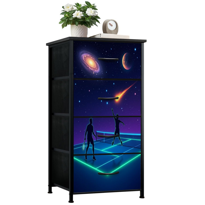 Commode pour chambre à coucher avec 4 tiroirs de rangement Galactic Tennis Match Under Stars Comet Planets Commodes Commode en tissu avec cadre en acier pour vestibule