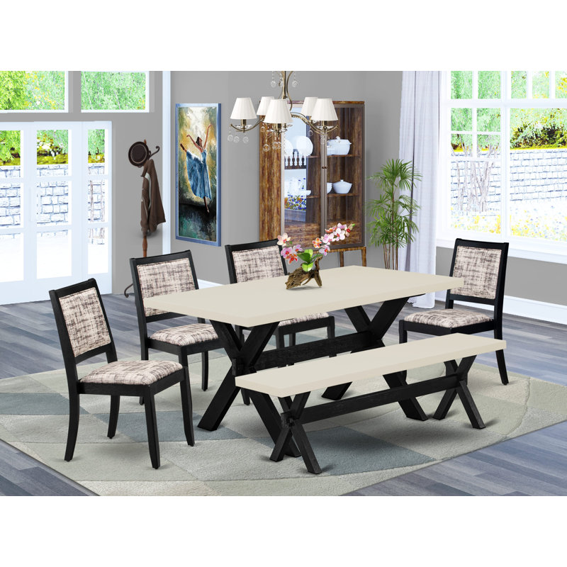 L'ensemble de salle à manger 6 pièces se compose d'une table et d'un banc avec plateau de table et de 4 chaises empilables en tissu de polyester à motif blanc et gris - noir brossé