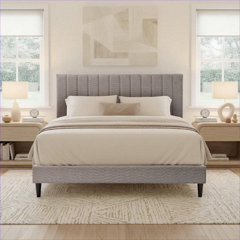 Lit plateforme tapissier doux gris, grand lit pour chambre principale ou d'amis, style Mid-Century moderne
