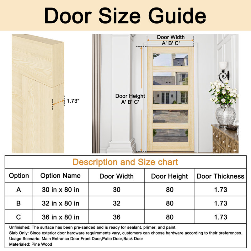 Porte en bois de pin 32 x 80 po avec dalle de verre à double vitrage transparent 5 Lite seulement, L 32 po x H 80 po
