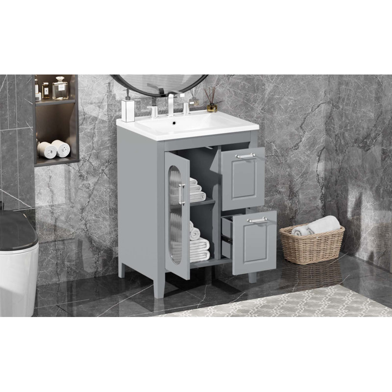 Meuble-lavabo 24 po avec lavabo, meuble-lavabo avec 2 tiroirs et porte, tablette réglable, Gris
