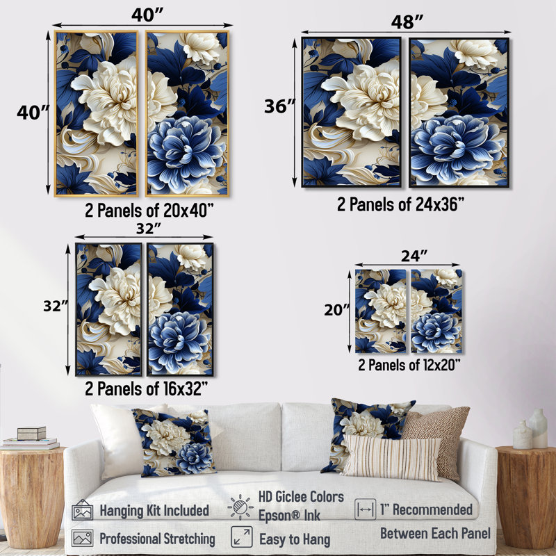 Motif victorien victorien bleu feuillage cobalt - art floral floral mural, Black, 36" H x 48" W, Floater Framed Print