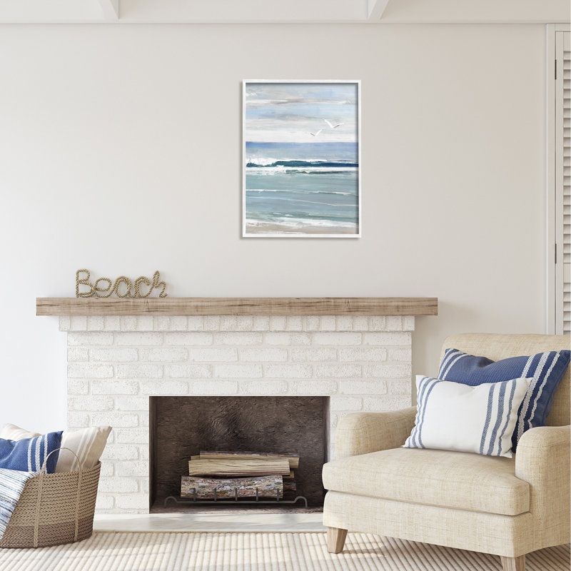 Bb-343 - Mouettes encadrées sur bois, encadrée sur bois par Sally Swatland, peinture, Giclée encadrée blanc bord de mer