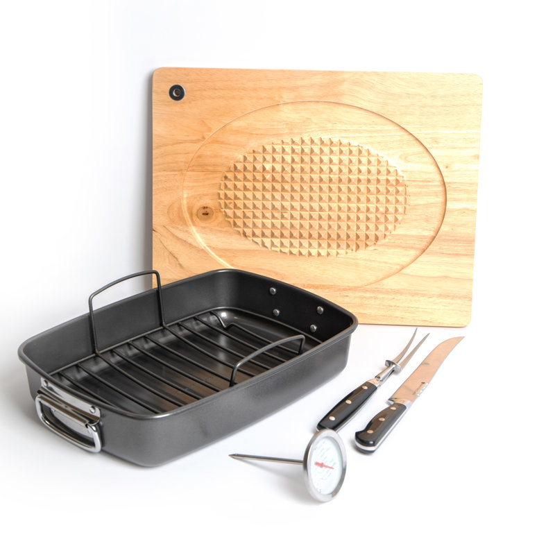 5pc Roasting Set with Roasting Tin & Rack, Thermometer, Carving Fork & Carving Knife, Carving Board