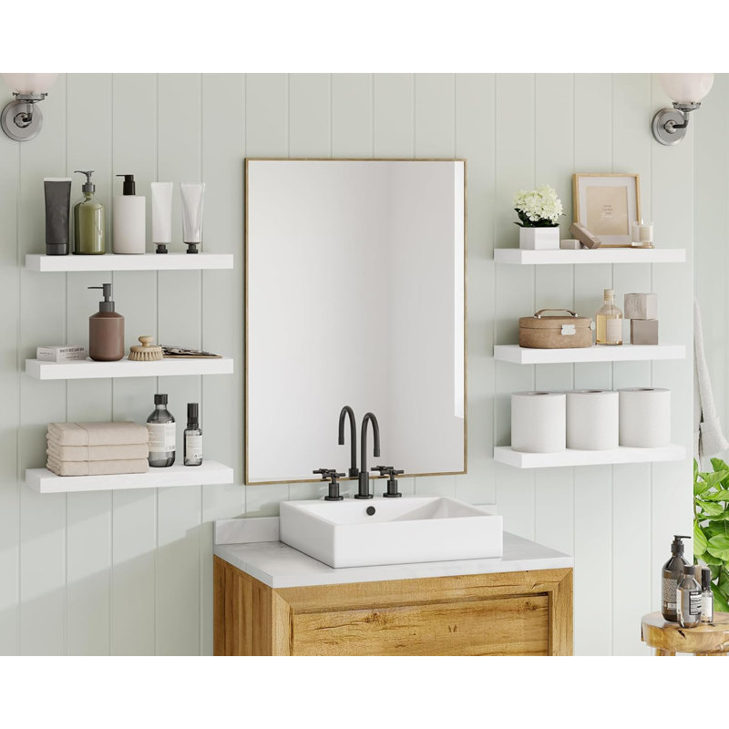 Set Of 6 Floating Shelves For Wall Mounting, Rustic Wood Grain Finish MDF Shelves With Hidden Brackets, Sturdy Storage Solution For Bathroom, Bedroom, Living Room, Kitchen And Home Decor