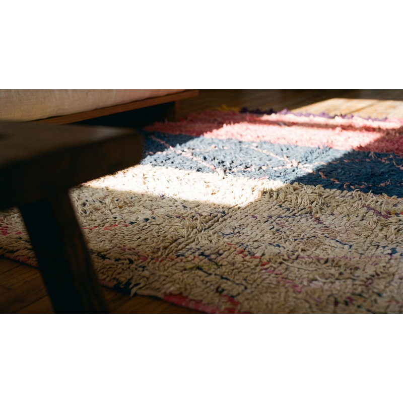 Allover Geometric Hand Knotted Pile Wool 1940s Multicolor Jewel Tones Boucherouitte Antique Rug