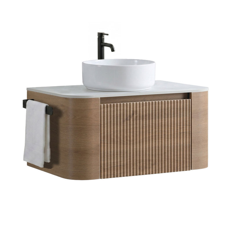 Meuble-lavabo flottant de 30 po avec lavabo vasque et barre à serviettes intégrée, Chêne naturel, Blanc neige