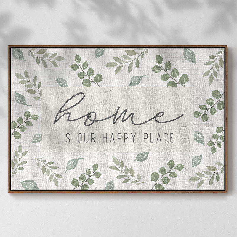 "Home is our happy place", art textuel sur toile, H 25 po x l 37 po x P 2 po, Noyer