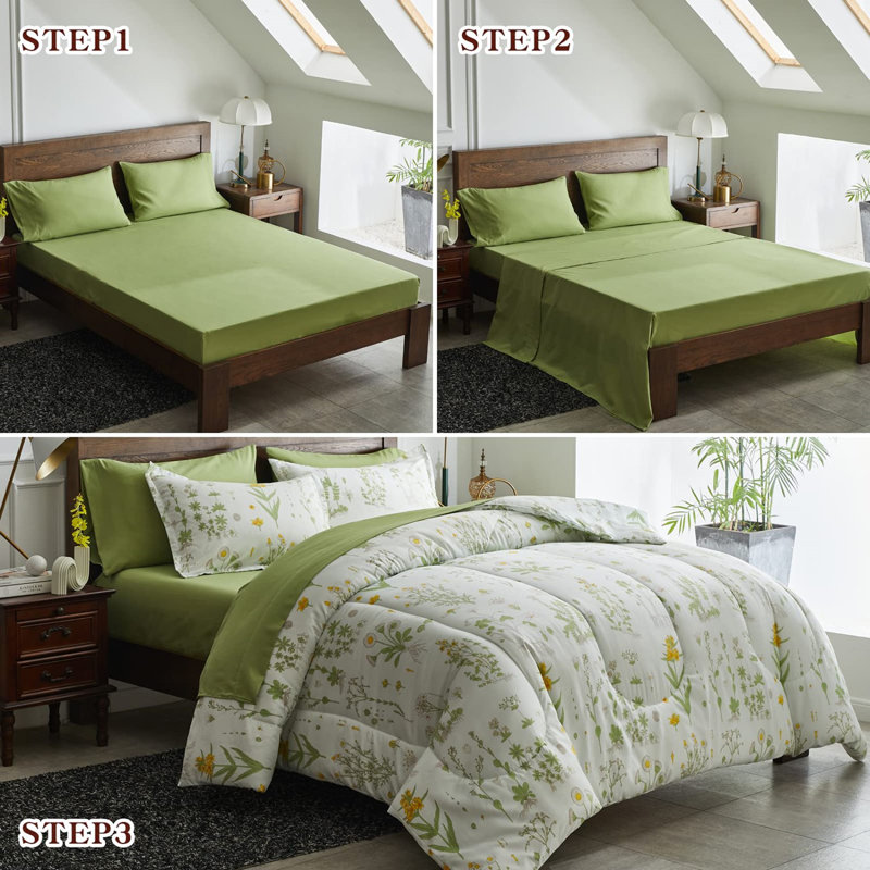 Green and Gold Botanical Microfiber Queen Bed in a Bag Set