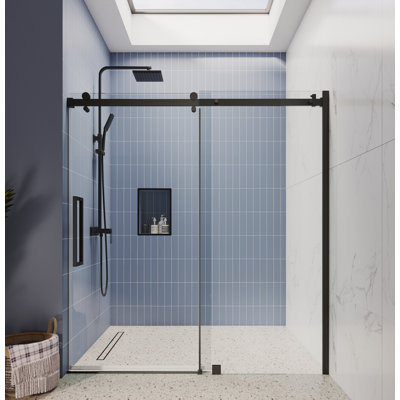 Portes de douche coulissantes en verre simple sans cadre l 68 "- 72" x H 75 "| Verre trempé transparent 3/8 po | Étanche | Quincaillerie en acier inoxydable durable | Ajustement des murs inégaux