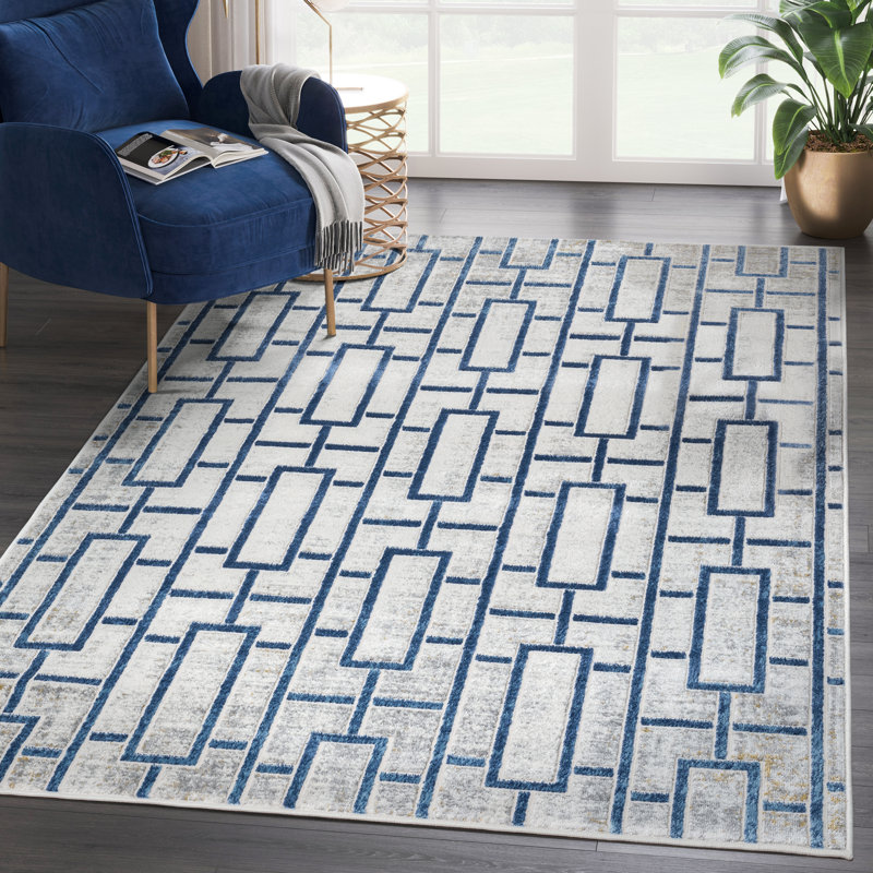 Tapis rectangulaire gris / bleu en polypropylène tissé à la machine Morejon, Rectangle 6 pi x 9 pi