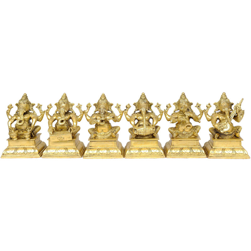 Ensemble de six statues musicales en laiton faites à la main de 6 po Ganesha - ensemble d'art indien, décoration pour maison