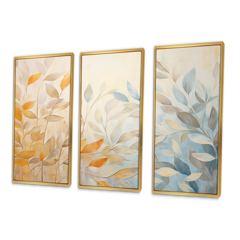 Feuilles d'automne, harmonie du soleil I - ensemble d'art mural feuilles, Cadre flottant doré, H 32 po x l 48 po x P 1 po