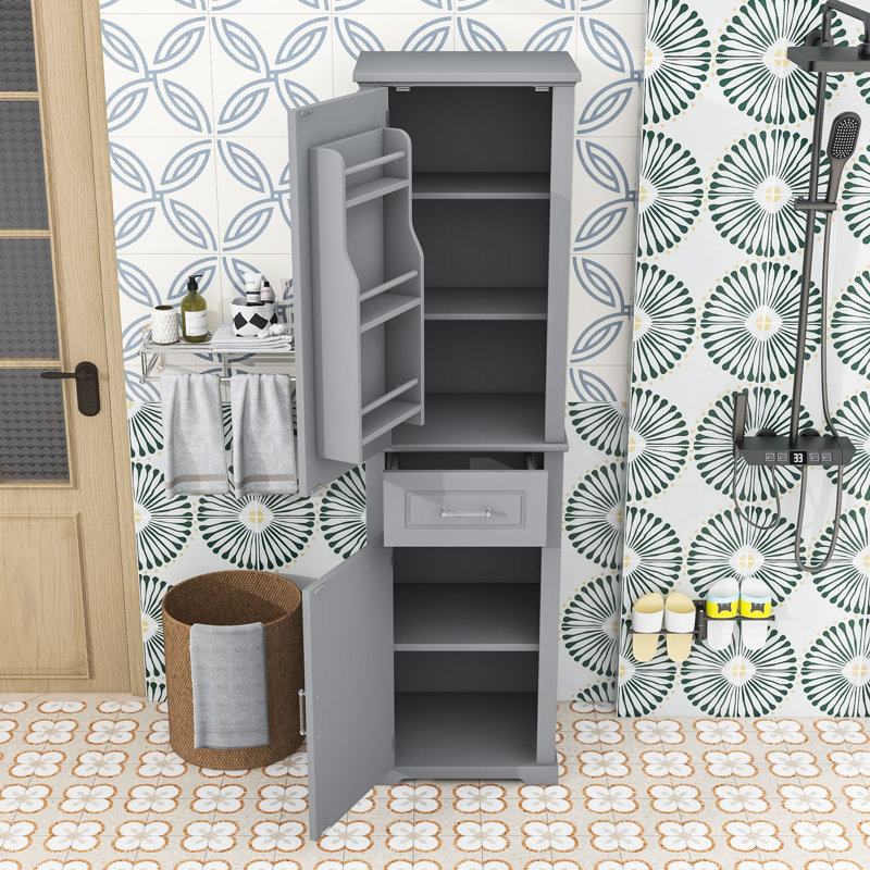 Tall Bathroom Cabinet with Adjustable Shelves, 2 Doors, Drawer and Anti-Tip Safety, Gray