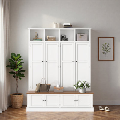 76.7''H Farmhouse Hall Tree with Bench and Cabinet, 4-in-1 Entryway Bench with Coat Rack