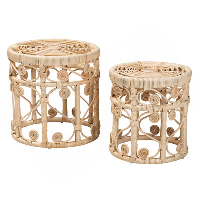 Modern Bohemian Natural Brown Rattan 2-Piece Nesting End Table Set