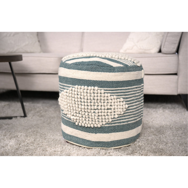 Pouf cylindrique en tissu - blanc et bleu sarcelle, fabriqué à la main avec du coton en laine, 16 po x 16 po, capacité de 250 lb, nettoyer les taches, entièrement assemblé et assemblé