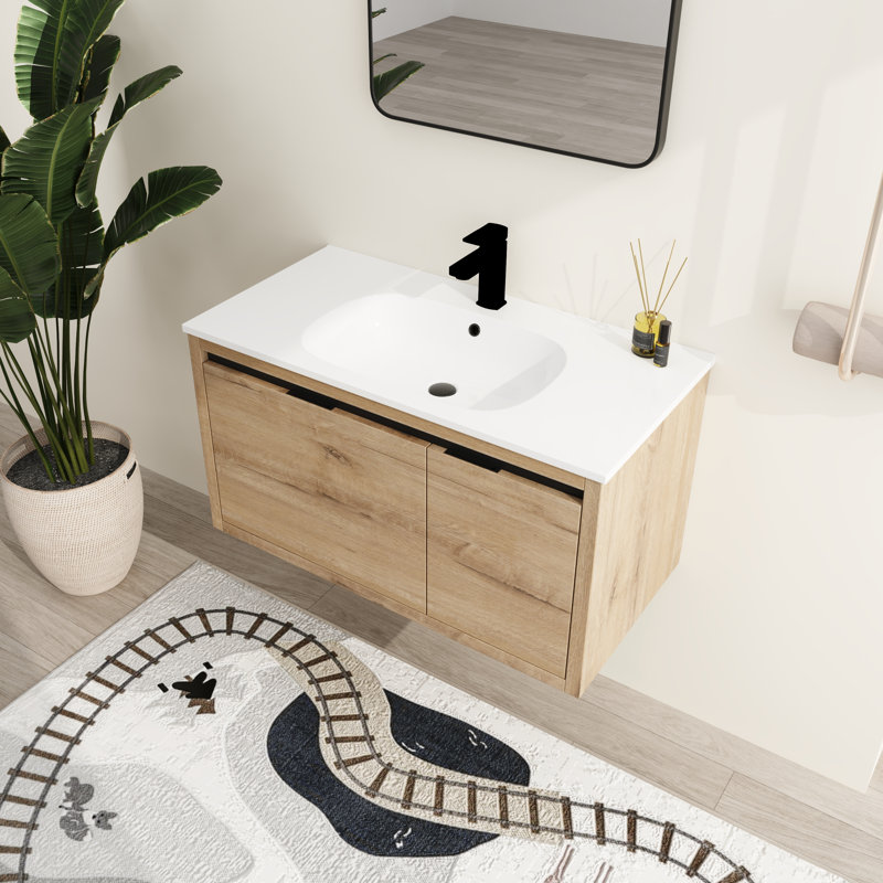 Kaihyan 36''Single Sink Floating Bathroom Vanity,Floating Vanity with 1 Door and 1 Drawer, White Resin Sink Top, Light Brown