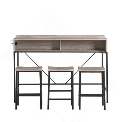 59 Inch Bar Table, Dining Table, Sofa Table With Power Socket And LED Light, 3 Saddle Stools, 4-Piece Bar Table And Chairs Set For Living Room, Dining Room And Kitchen
