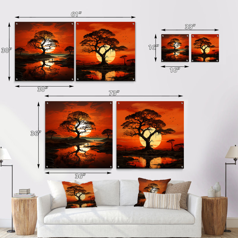 Coucher de soleil silhouettes d'arbre baobab, H 16 po x l 33 po