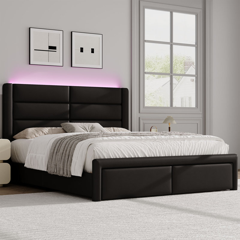 Modern Faux Leather Bed Frame with Upholstered Headboard and LED Lights, Black, Full