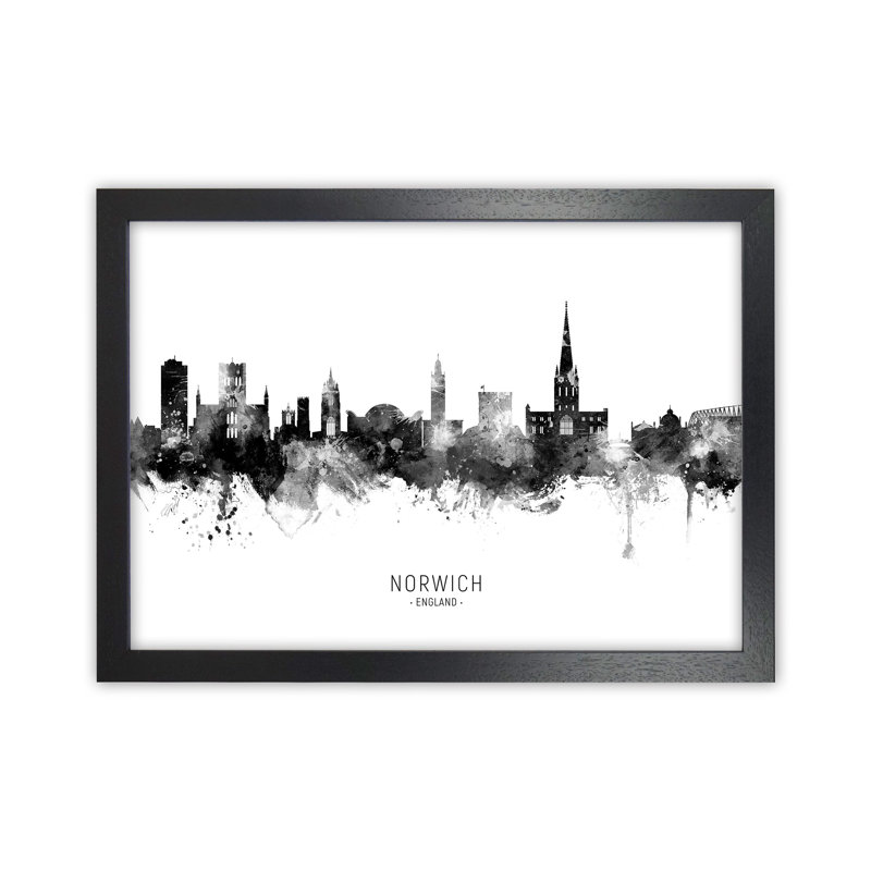 Norwich England Skyline Black White City Name by Michael Tompsett - Print, 34cm H x 46cm W x 3cm D, Black Framed