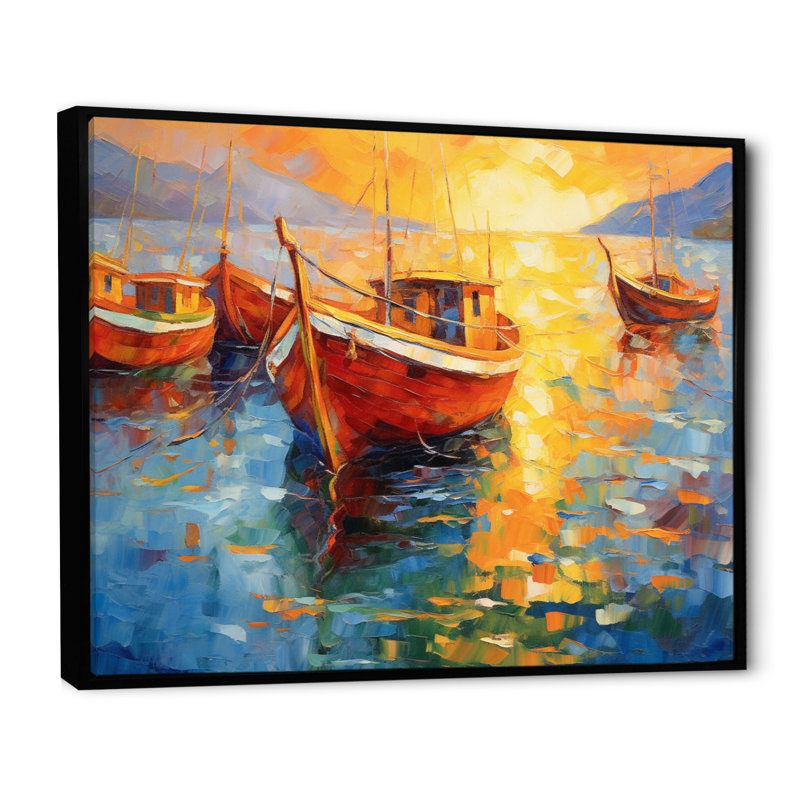 Bateaux dans le port II, reproduction d'art sur toile, Cadre flottant noir, H 24 po x l 32 po x P 1 po