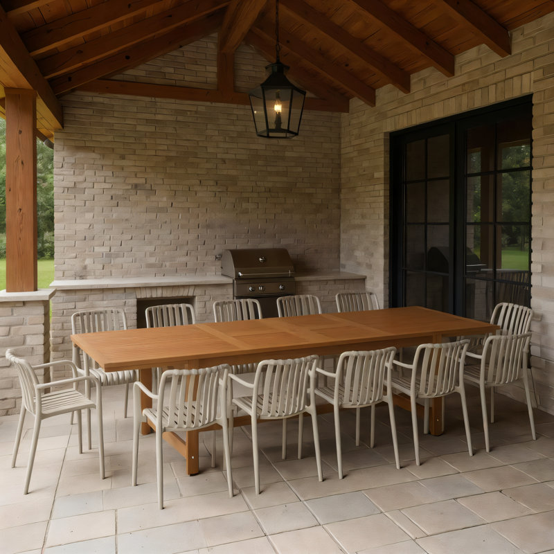 Whately 13-Piece Outdoor Rectangular Extendable Dining Table And Chairs Set | Teak Finish | Ideal For Patio, Light Brown Table & Beige Chairs