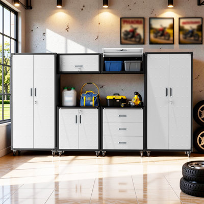 6-Piece Garage Storage Systems Set, Metal Garage Storage Cabinets with Wheels, 2 Wall Mounted Cabinets + Rolling Cabinets + 2 Tall Pegboard Cabinets,