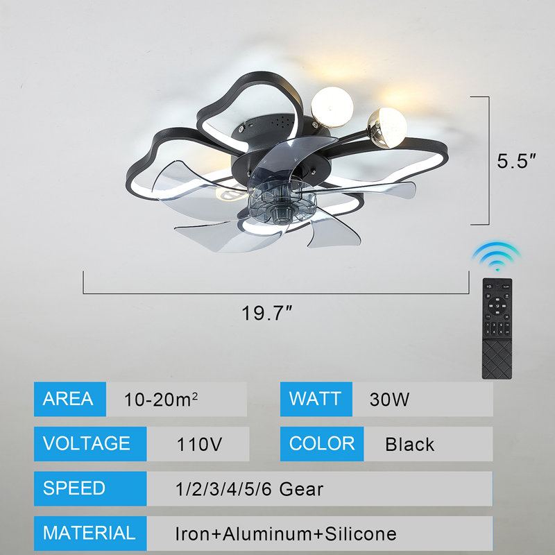 Ventilateur de plafond 19,7 pouces avec lumières avec télécommande de style papillon moderne, ventilateur de chambre à coucher, de salon, de minuterie, silencieux, préféré des enfants