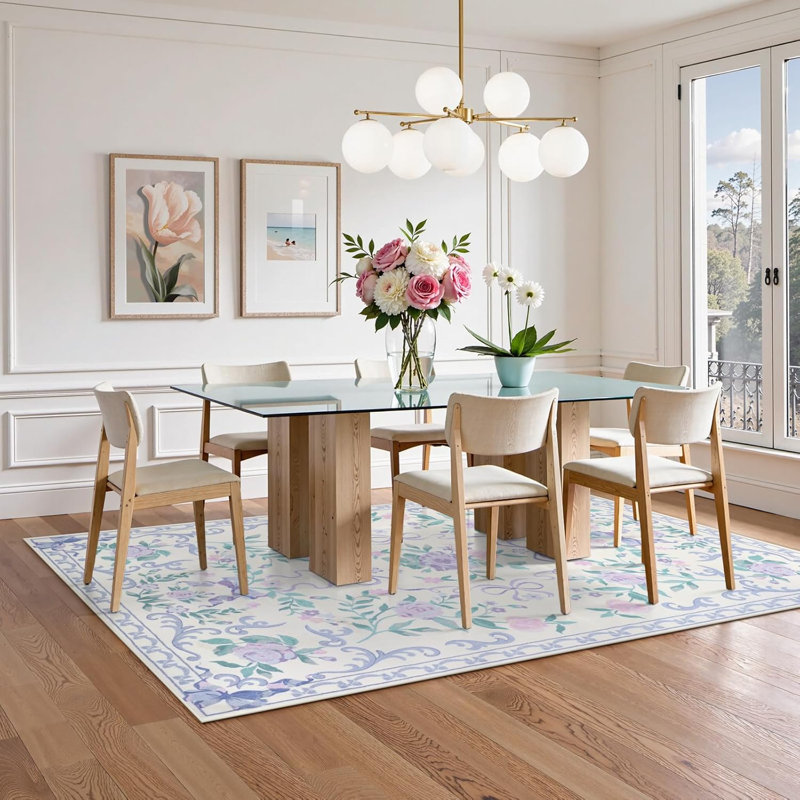 Kaldi Vintage Floral Washable Area Rug, Romantic Ribbon Design, Low Pile Non-Slip Rug for Bedroom, Nursery, Rectangle 6' x 9'