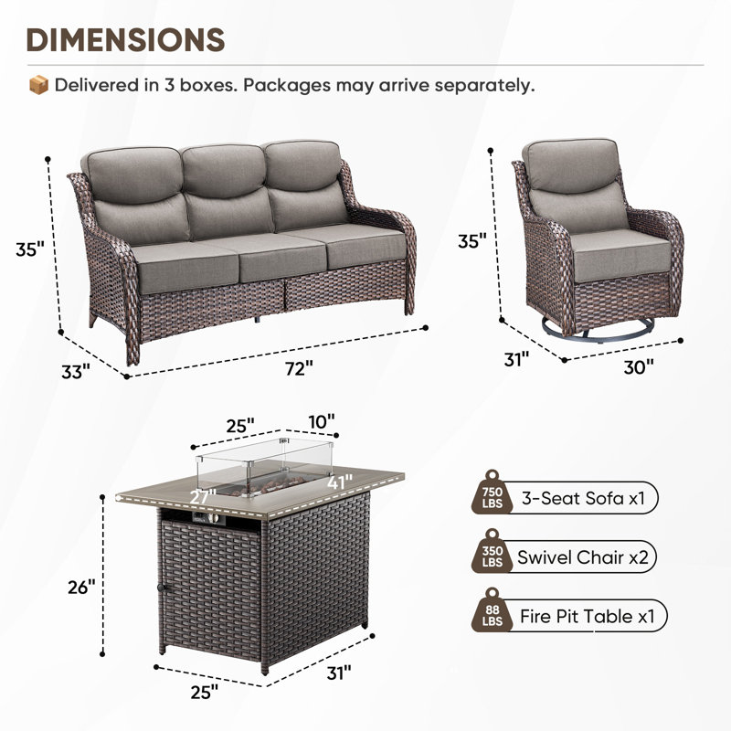 Wickes 4-Piece Outdoor Conversation Set With 3-Seat Sofa, 2 Swivel Gliders & Rectangle Fire Pit Table, 6" Thick All-Weather Cushions