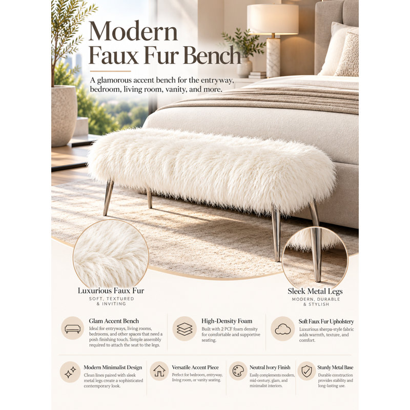 Kenzie Upholstered Bench - Lammy Faux Fur Upholstered Bench – Modern Ivory Sherpa Accent Bench with Metal Legs for Bedroom, Entryway, or Living Room - White Bench